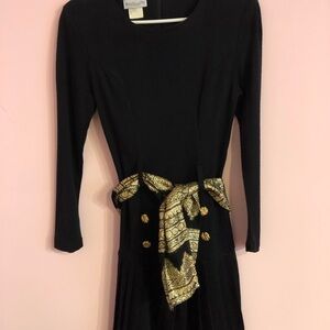 Black and Gold Long Sleeve Dress with belt and 54” ornate scarf